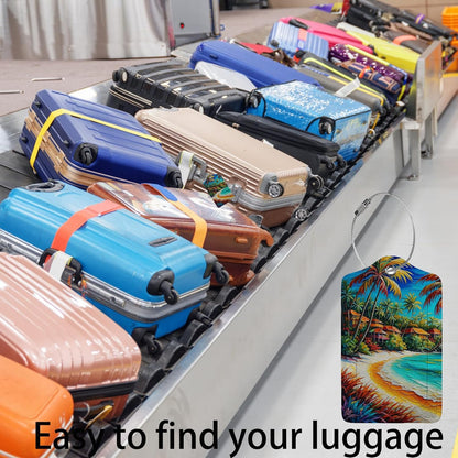 Seaside Town 2-Pcs Premium Leather Tags with Privacy Covers,Luggage Tag Stainless Steel Loops Ideal for Suitcases, Travel Bags, Backpacks