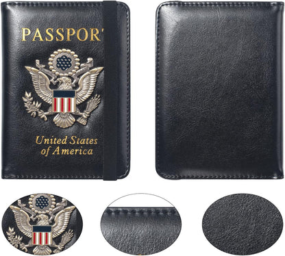 Passport Holder for Travel Passport Cover for Men Passport Wallet Case With 3D Metal Badge Protector Leather Card Case RFID Blocking Women Travel Accessories Document Organizer (Black)