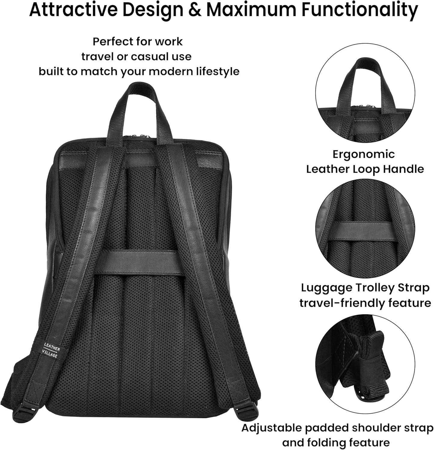 LEATHER VILLAGE Leather Laptop Backpack for Men |Black | Slim Professional Business Bag Fits 15.6”-Laptop | Water-Repellent Work & Travel Daypack with Trolley Strap
