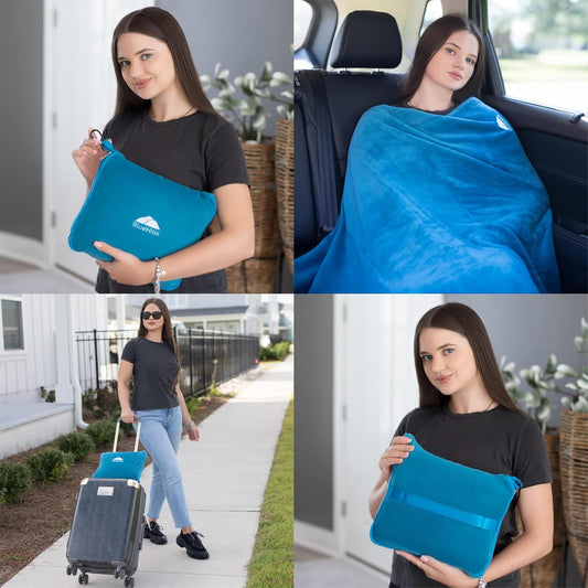 BlueHills Premium Soft Travel Blanket Pillow Airplane Blanket in Soft Bag case with Hand Luggage Belt and Carabiner Compact Pack Large Cozy Plane Car Train Teal Blue T022