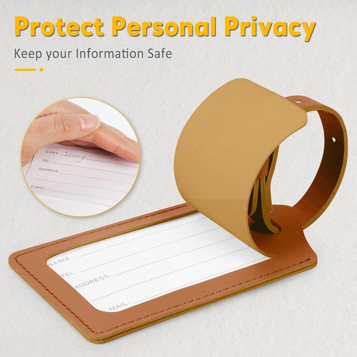 Travelambo Luggage Tags for Suitcases Faux Leather Privacy Protection 26 Pack Bag Tags Travel Accessories Essential, Yellowish Brown