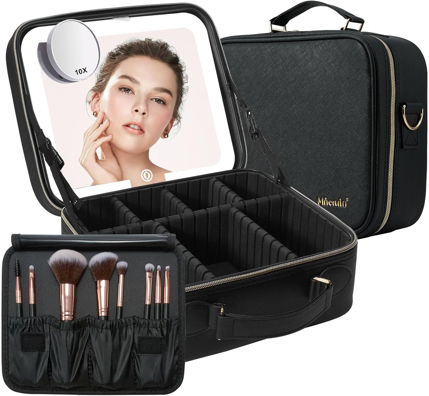 Mocado Travel Makeup Bag with LED Lighted Mirror,Travel Makeup Organizer,Makeup Case with 8 Makeup Brushes and 10x Magnifying Mirror,3 Colors Lighting, Adjustable Dividers Makeup Box(Black)