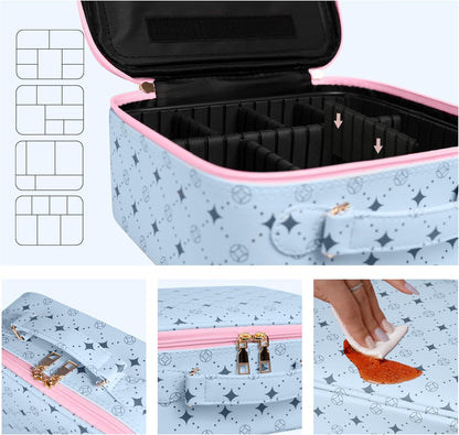 Travel Makeup Bag With 360° rotating LED Mirror,Waterproof cosmetic organizer,Portability Cosmetic case,Makeup organizer,Gift for Women,Girls Gift (Blue+Pink)