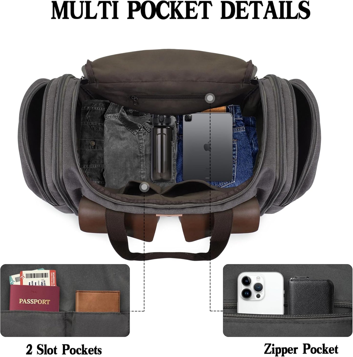 Canvas Duffle Bag for Men 50L Travel Duffel Bags Expandable Genuine Leather Duffel Overnight Weekender Carry On Bag Two Zipper Pockets Travel Bag (Grey, Large-50L)