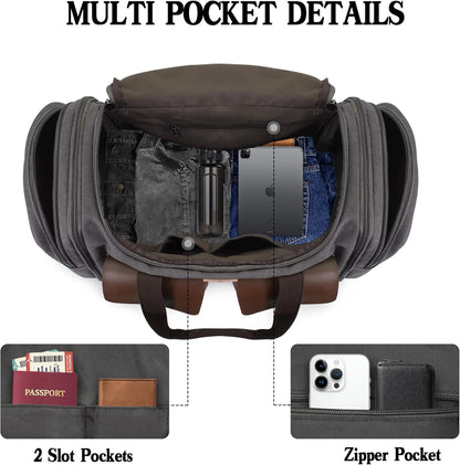 Canvas Duffle Bag for Men 50L Travel Duffel Bags Expandable Genuine Leather Duffel Overnight Weekender Carry On Bag Two Zipper Pockets Travel Bag (Grey, Large-50L)