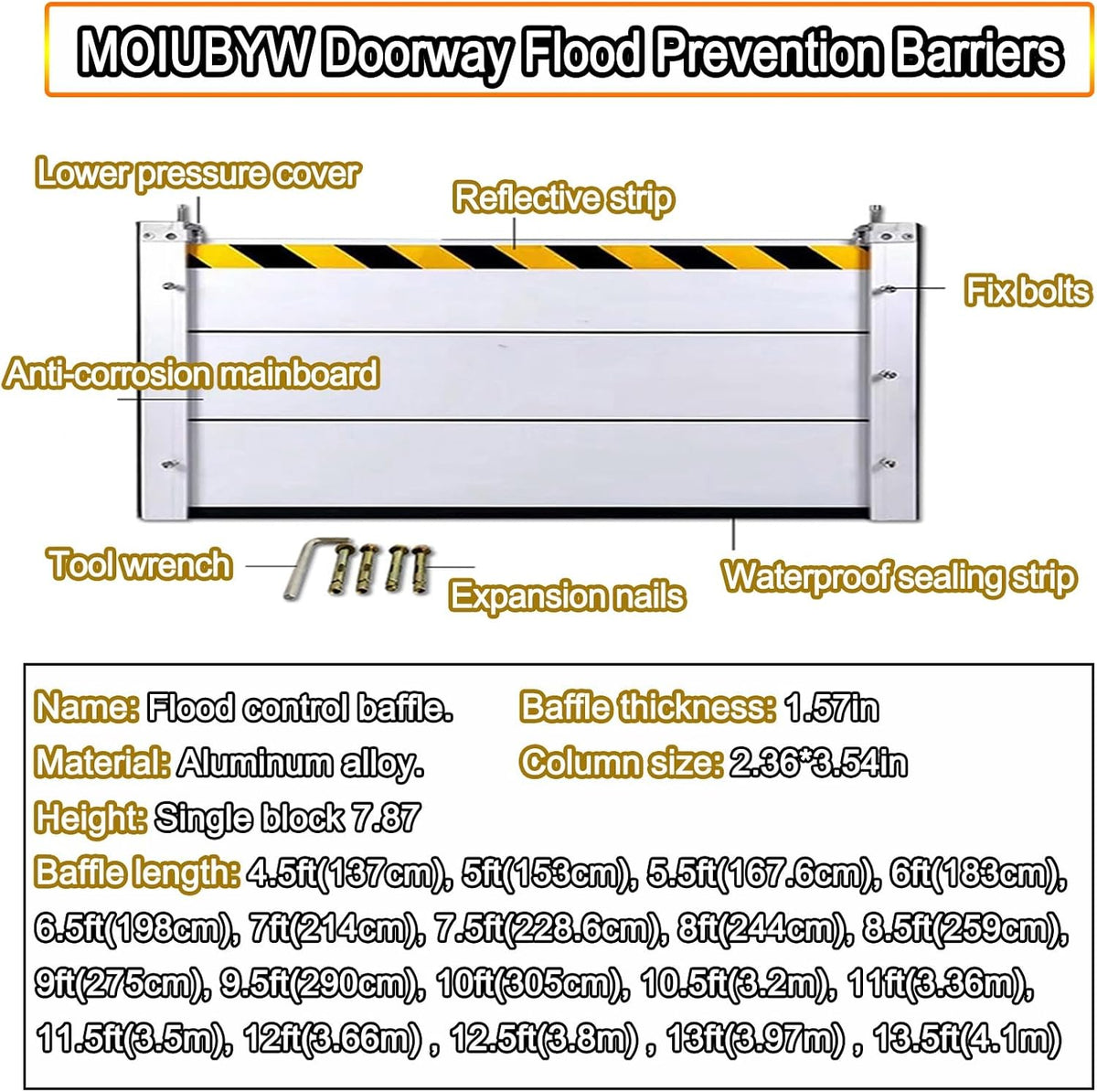 Reusable Flood Barrier, 3/4/5/6/7/8/9/10/11/12/13ft Long Heavy Duty Aluminum Water Barrier Shield for Sliding Glass Door/Driveway/Home Doorway, Removable Stopper Shield with Rubber(H 3.9ft