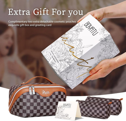 BOYATU Travel Makeup Bag Cosmetic Bags for Women: 3 Pcs Set Portable Make up Bag with Handle - Vegan Leather Toiletry Bags with Compartments - Makeup Organizer for Travel Essentials(02-Brown)