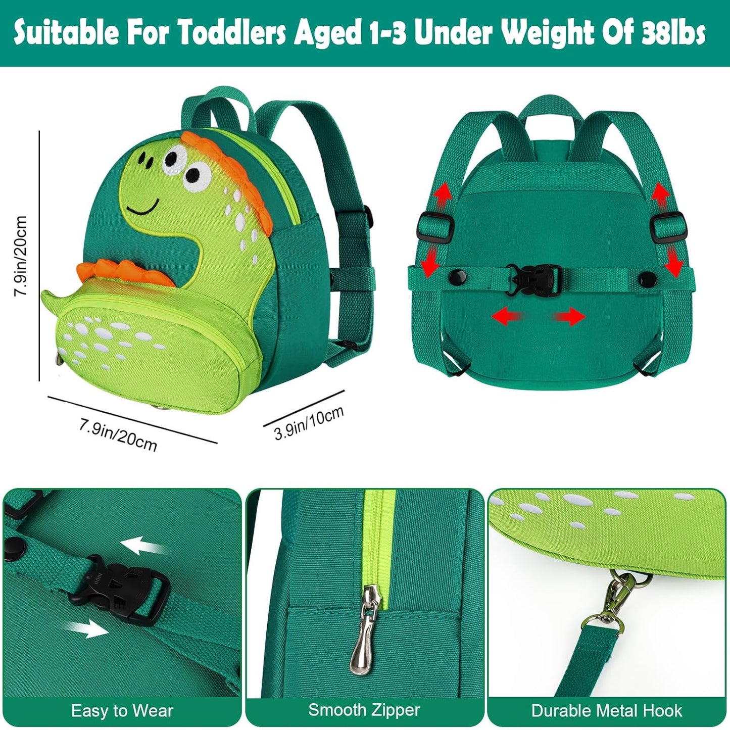 Accmor Toddler Harness Backpack Leash, Cute Dinosaur Backpacks with Anti Lost Wrist Link, Cute Mini Child Backpack Wristband Tether Strap and Protection Leashes for Boys Girls Aged 1-3 Years