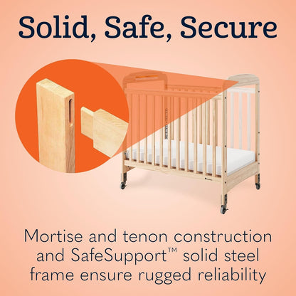 Foundations Serenity Compact Clearview Daycare Crib, Fixed Side, Durable Wood Construction, Adjustable Mattress Board, Clear End Panels. Includes 3” InfaPure Foam Mattress (Natural)