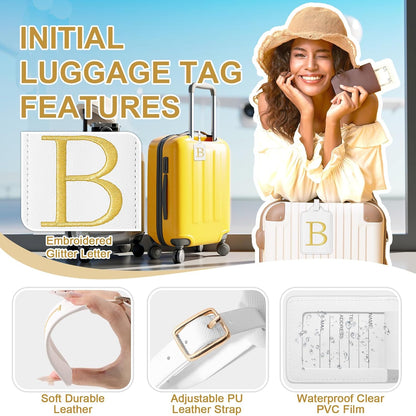 Personalized Initial Luggage Tags for Suitcase TSA Approved, White Leather Cute Luggage Tag with Privacy Cover Name Card, Embroidered Custom Luggage Tags Travel Baggage Tags Gifts for Women Kids(B)