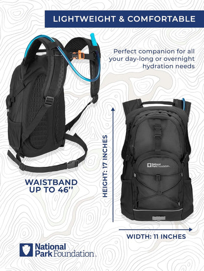 National Park Foundation 18L Hydration Backpack with 2 Liter Hydro Water Bladder Bag, Lightweight Daypack for Cycling, Hiking, Running, Climbing, for Men Women Kids
