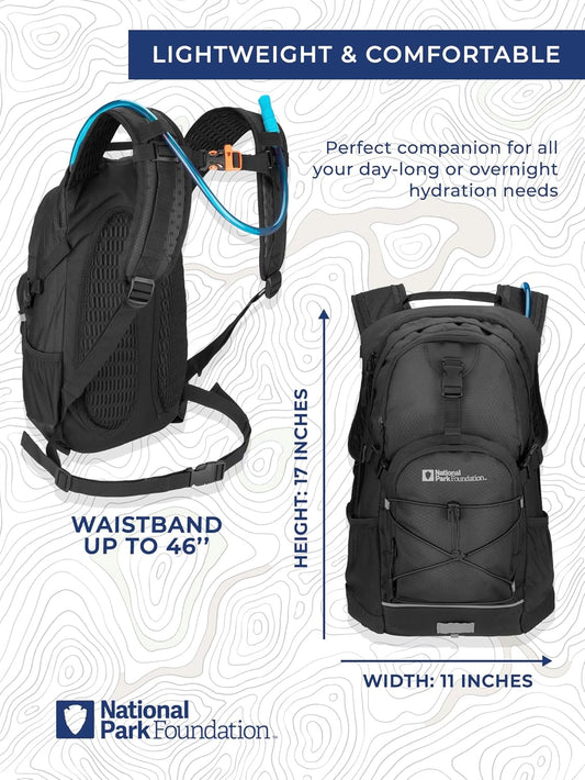 National Park Foundation 18L Hydration Backpack with 2 Liter Hydro Water Bladder Bag, Lightweight Daypack for Cycling, Hiking, Running, Climbing, for Men Women Kids