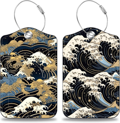 Japanese Art Blue and White Waves Set of 2 Luggage Tags for Suitcases Leather Suitcase Tags Identifiers with Privacy Name Label and Stainless Steel Loop for Women Men Travel Luggage Accessories