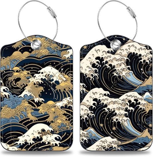 Japanese Art Blue and White Waves Set of 2 Luggage Tags for Suitcases Leather Suitcase Tags Identifiers with Privacy Name Label and Stainless Steel Loop for Women Men Travel Luggage Accessories