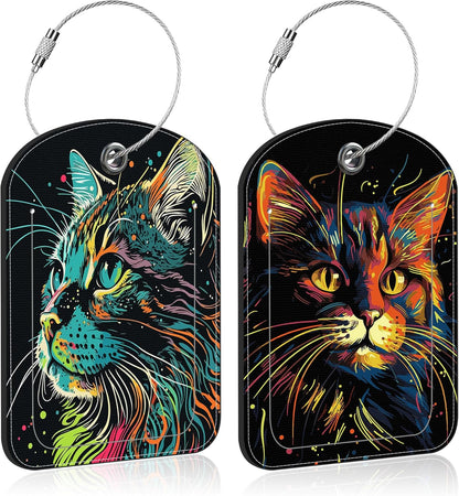 2 Pack Luggage Tag for Suitcase Colorful Cat Leather Suitcase Tags with Privacy Name ID Label and Stainless Steel Loop for Travel Bag