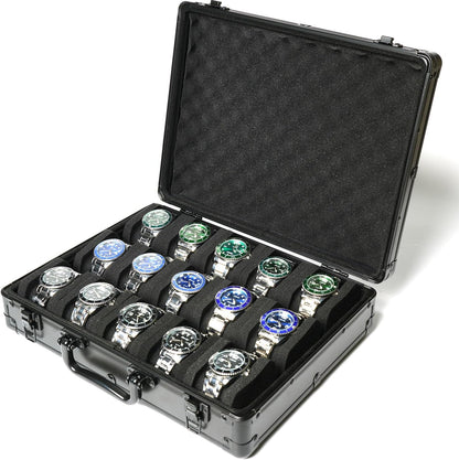 15 slots Watch organizer Case, Aluminum watch storage box, hard watch travel box, padded case for watch display and organization