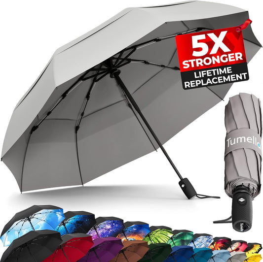 TUMELLA Strongest Windproof Travel Umbrella (Compact, Superior & Beautiful), Small Strong but Light Portable and Automatic Folding Rain Umbrella, Durable Premium Grip, Fits Car & Backpack