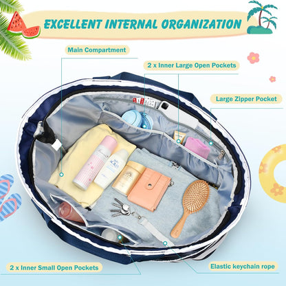 Extra Large Beach Bags for Women, Waterproof Sandproof Beach Tote Bag Zipper Foldable Swim Pool Bag with Wet Pocket