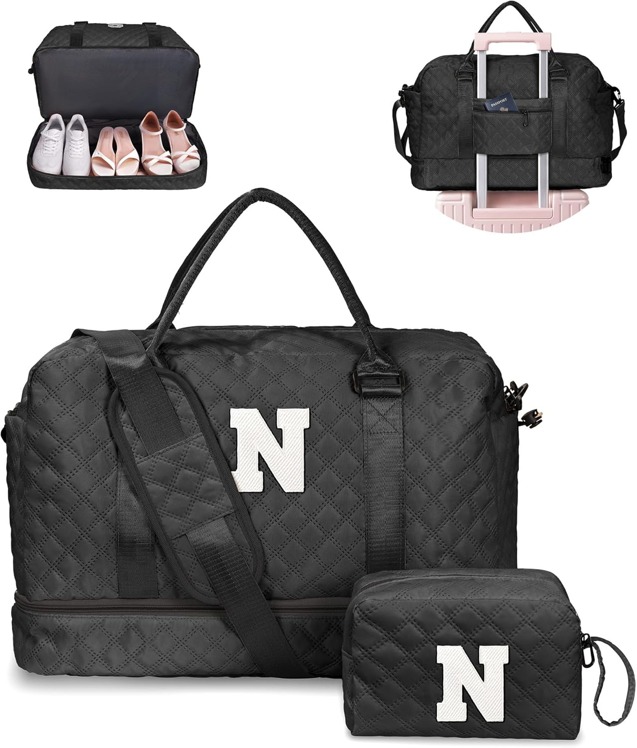 Gifts for Her-Duffle Bag with Shoe Compartment, Personalized Weekender Bag, Monogram Overnight Bag, Letter Travel Bag with Makeup Bag，Sister Friend Girlfriend Gifts (Letter N)