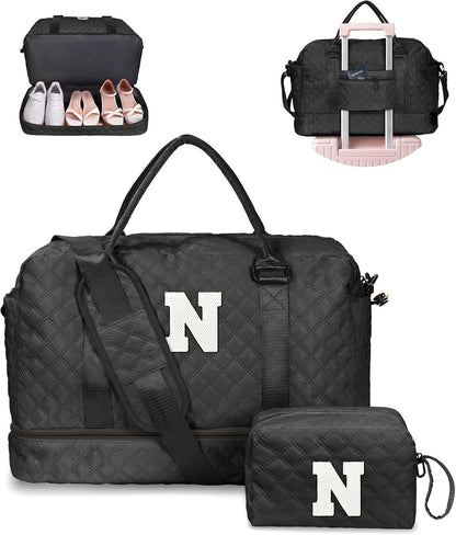 Gifts for Her-Duffle Bag with Shoe Compartment, Personalized Weekender Bag, Monogram Overnight Bag, Letter Travel Bag with Makeup Bag，Sister Friend Girlfriend Gifts (Letter N)