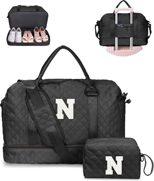 Gifts for Her-Duffle Bag with Shoe Compartment, Personalized Weekender Bag, Monogram Overnight Bag, Letter Travel Bag with Makeup Bag，Sister Friend Girlfriend Gifts (Letter N)