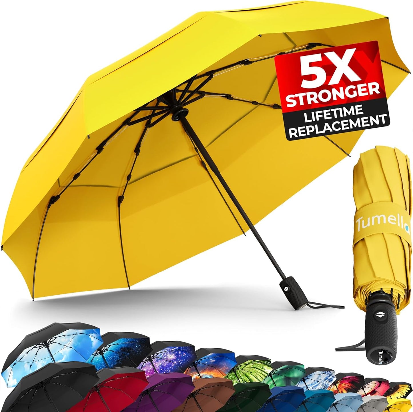 TUMELLA Strongest Windproof Travel Umbrella (Compact, Superior & Beautiful), Small Strong but Light Portable and Automatic Folding Rain Umbrella, Durable Premium Grip, Fits Car & Backpack