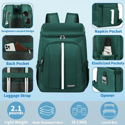 Backpack Cooler Insulated Leak Proof 35 Cans, 2 Insulated Compartments Thermal Bag, Portable Lightweight Beach Travel Camping Lunch Backpack for Men and Women, 30L, Reflective Stripes, Water-Resistant