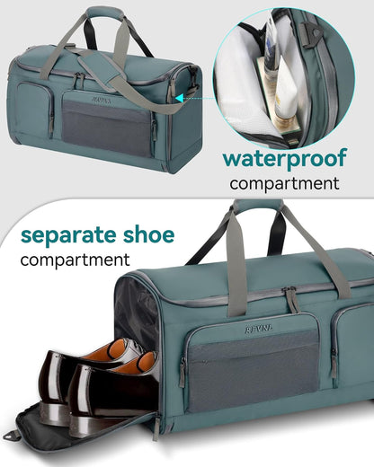Large 3 In 1 Waterproof Garment Duffle Bags for Travel with Shoe Compartment, Mens Carry On Convertible Garment Bags for Travel Combo with Wet Compartment, Suit Bag Travel for Men and Women (green)