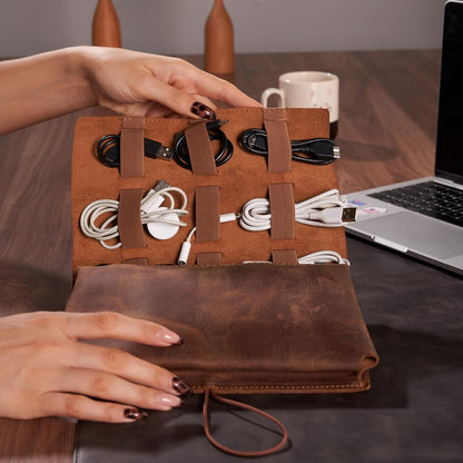 HARDISTON Custom Genuine Leather Electronic Cable Organizer Bag Handmade Travel Cord Organizer Roll Case for Hard Drives, Cables, Charger, Phone, USB, SD Card