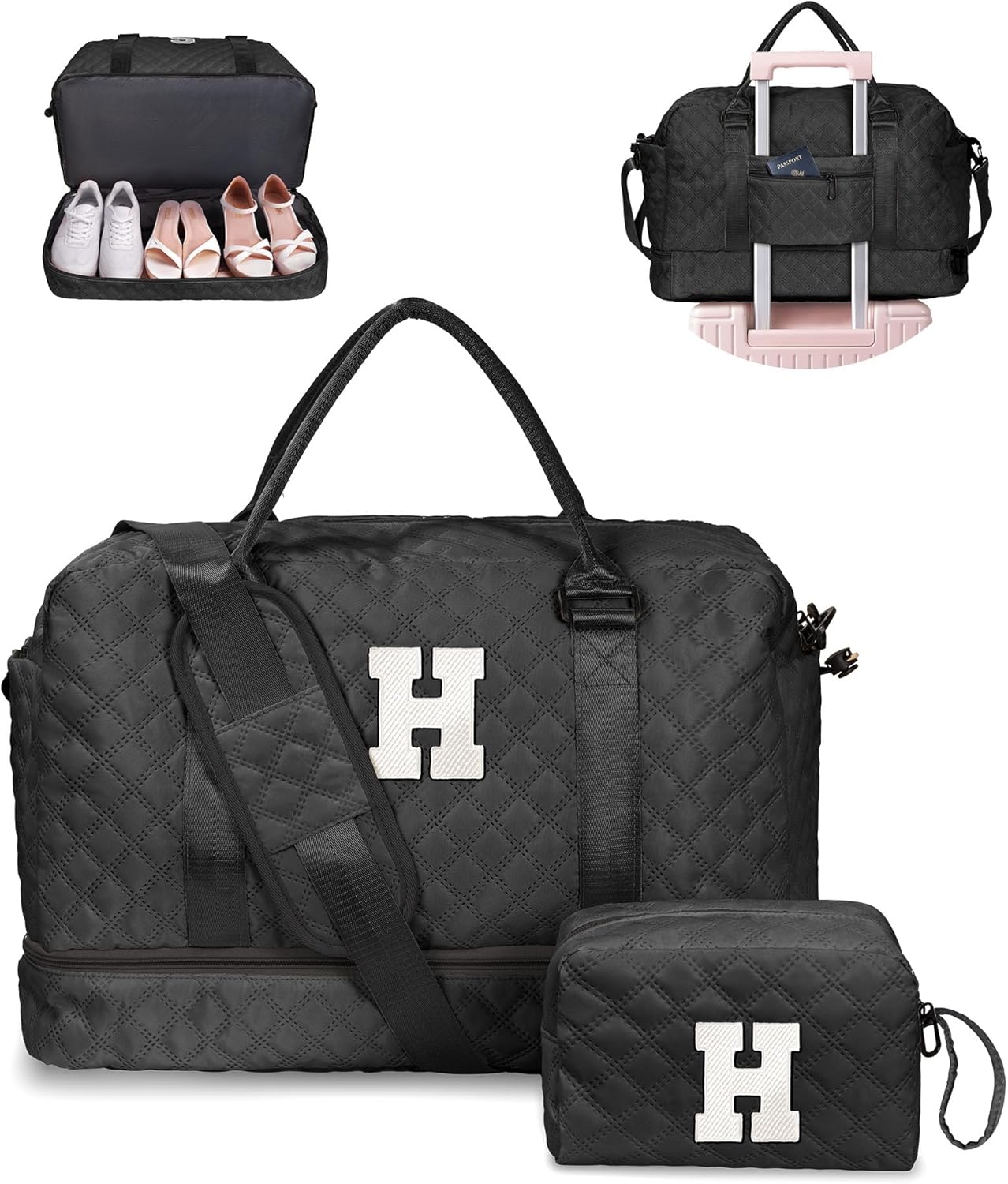 Gifts for Teen-Girls-Initial Duffle Bag with Shoe Compartment, Personalized Weekender Bag, Monogram Overnight Bag, Travel Bag with Makeup Bag，Birthday Gift Graduate Gifts for Her (Letter H)