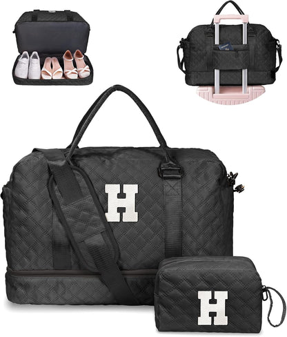 Gifts for Teen-Girls-Initial Duffle Bag with Shoe Compartment, Personalized Weekender Bag, Monogram Overnight Bag, Travel Bag with Makeup Bag，Birthday Gift Graduate Gifts for Her (Letter H)