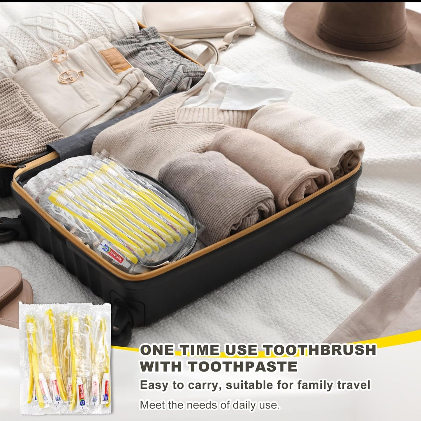 30pcs Disposable Toothbrushes with Toothpaste and Floss,Yellow Bulk Single Use Toothbrush Floss Pick Individually Wrapped Disposable Travel Toothbrushes Kit for Homeless,Airbnb,Hotel,Guest