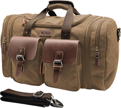 Wildroad 50L Travel Duffel Bag, Expandable Canvas Genuine Leather Duffle Bag Upgraded Overnight Weekender Carry on Bag