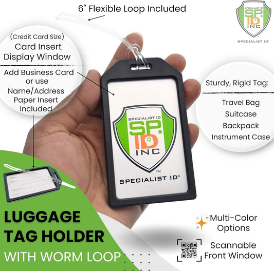 5 Pack - Premium Rigid Airline Luggage Tag Holders with 6" Worm Loops - Heavy Duty Hard Plastic -Suitcase ID Tag Identifiers with Business Card Insert Window by Specialist ID (Yellow)