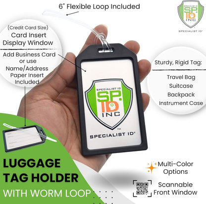 5 Pack - Premium Rigid Airline Luggage Tag Holders with 6" Worm Loops - Heavy Duty Hard Plastic -Suitcase ID Tag Identifiers with Business Card Insert Window by Specialist ID (Translucent/Clear)