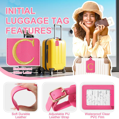 Personalized Initial Rose Red Leather Cute Luggage Tags with Privacy Cover Name Card, Embroidered Custom Monogram Travel Backpack Tag Gifts for Women Kids