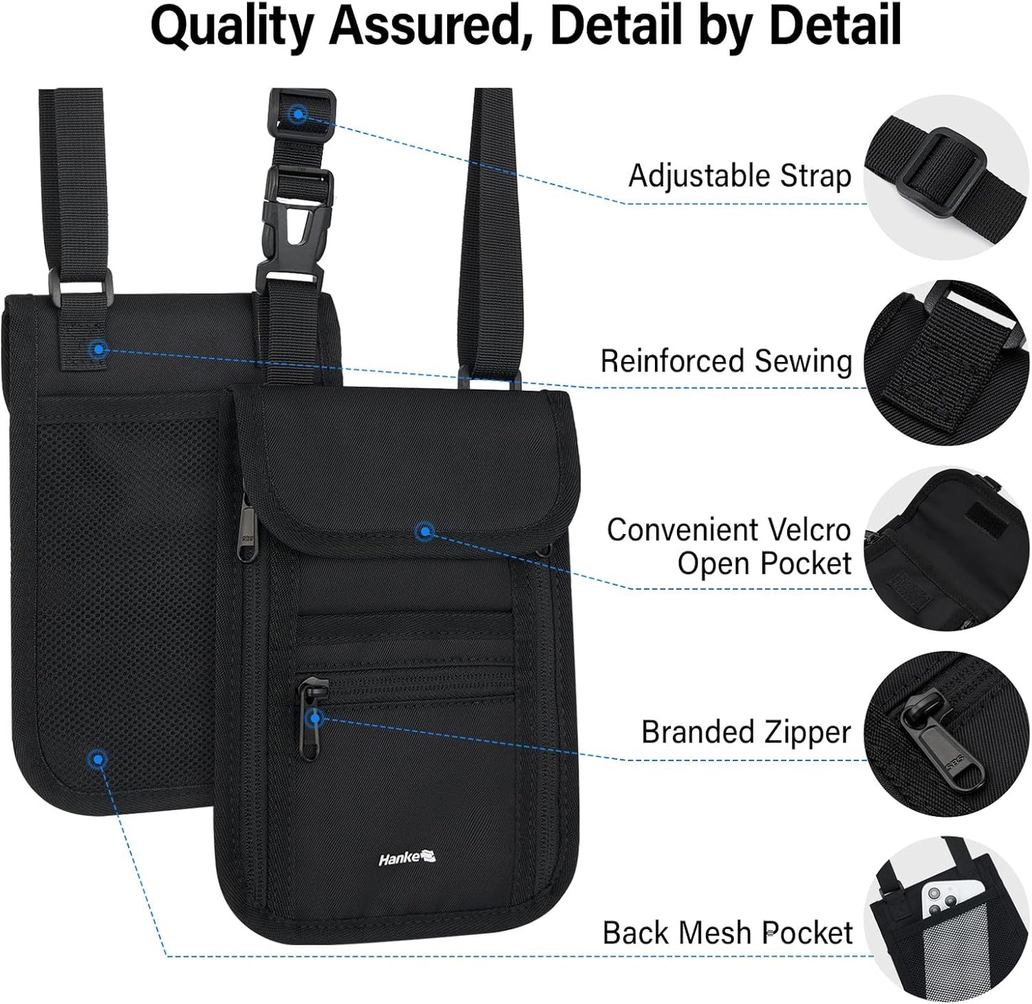 Hanke Passport Holder, Travel Wallet for Womens and Men, Neck Wallet Hidden Passport Pouch for Travel Adjustable Lightweight Thin with 6 compartments (Black)