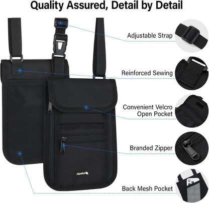 Hanke Passport Holder, Travel Wallet for Womens and Men, Neck Wallet Hidden Passport Pouch for Travel Adjustable Lightweight Thin with 6 compartments (Black)