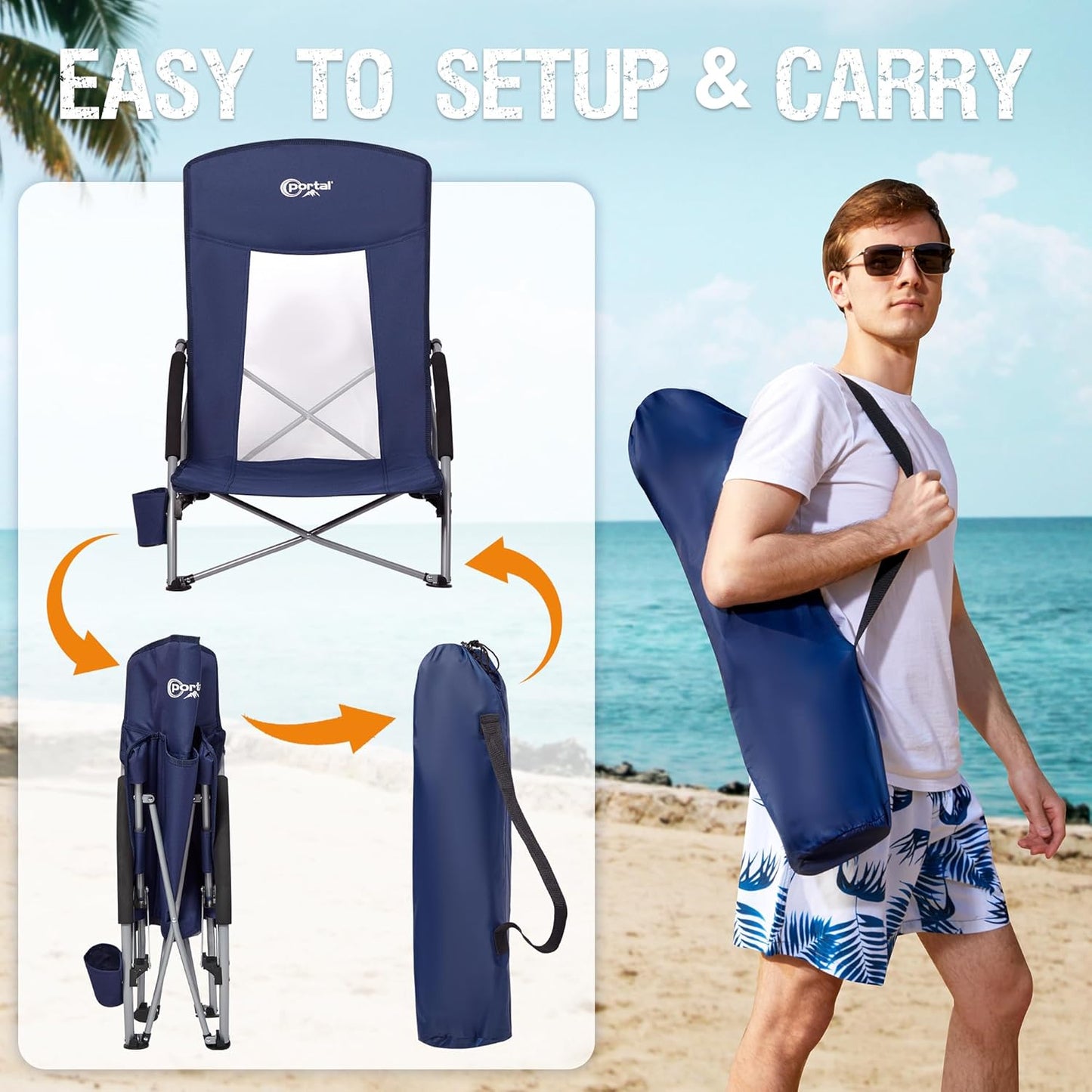PORTAL Beach Chairs for Adults Camping Low Lightweight Portable Chair with Cup Holder Mesh Back Carry Bag for Outdoor Sand Lawn Travel Picnic Festival Concert, 350LBS