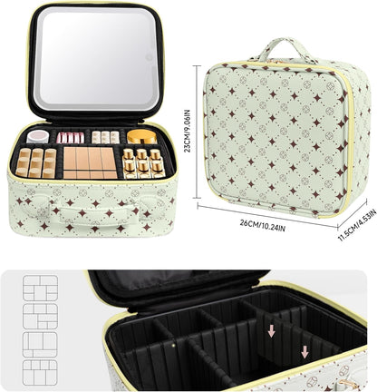 Travel Makeup Bag With 360° rotating LED Mirror,Waterproof cosmetic organizer,Portability Cosmetic case,Makeup organizer,Gift for Women,Girls Gift (Green+Yello)