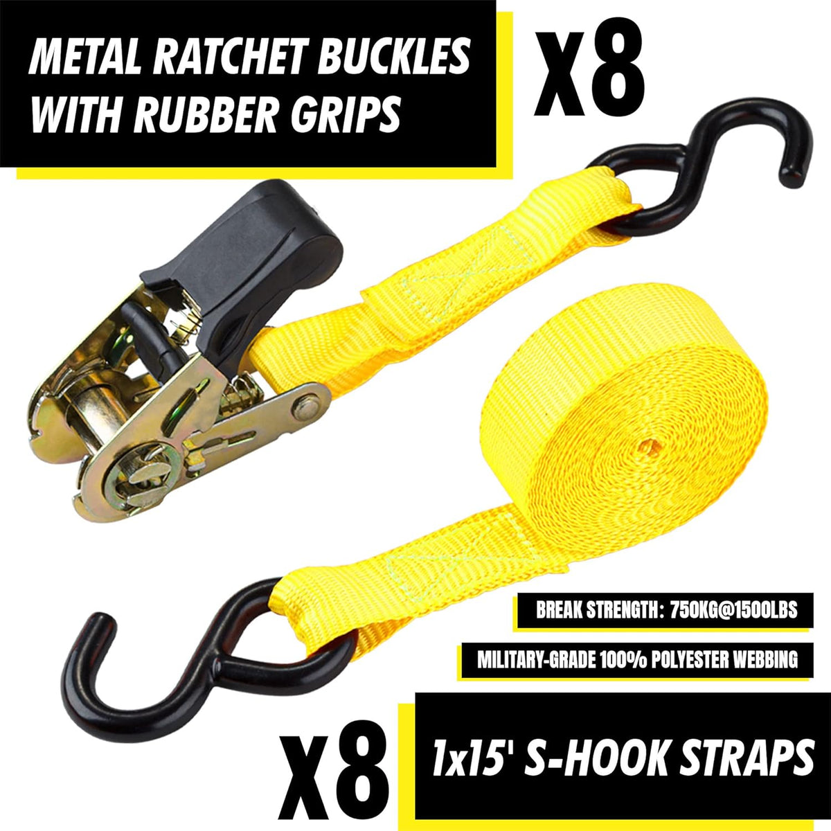 Cartman Ratchet Tie Down, 8Pk 15Ft, 500Lbs Load Cap/ 1500Lbs Break Strength, Cargo Straps for Moving Appliances, Lawn Equipment, Motorcycle in a Truck, with Carry Bag