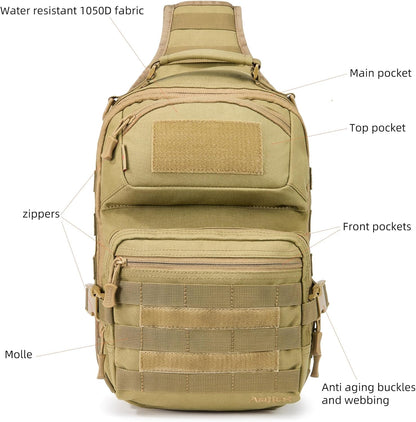 15L Tactical Crossbody Sling Bag | Everyday One Shoulder Backpack Fit 12 Inch Laptop, Molle, Daily Use, Travel, Hiking (Tan)