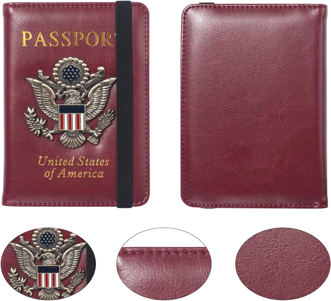 Passport Holder for Travel Passport Cover for Men Passport Wallet Case With 3D Metal Badge Protector Leather Card Case RFID Blocking Women Travel Accessories Document Organizer (Wine Red)