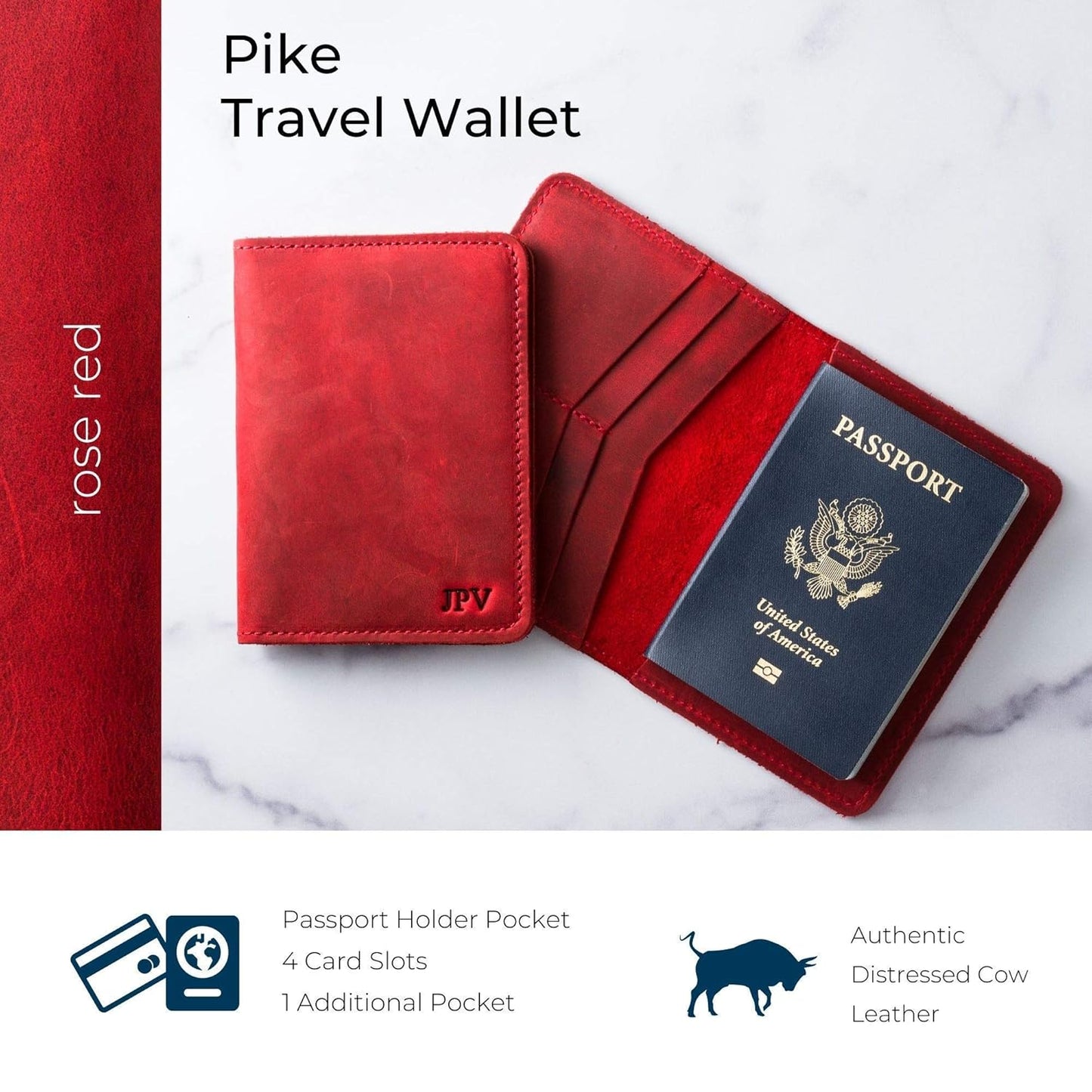 PEGAI Personalized Leather, Passport Holder For Travel | Handmade Passport Wallet Cover Case | Travel Document Holder, Passport Cover for Men, Women, and Family | Pike (Rose)