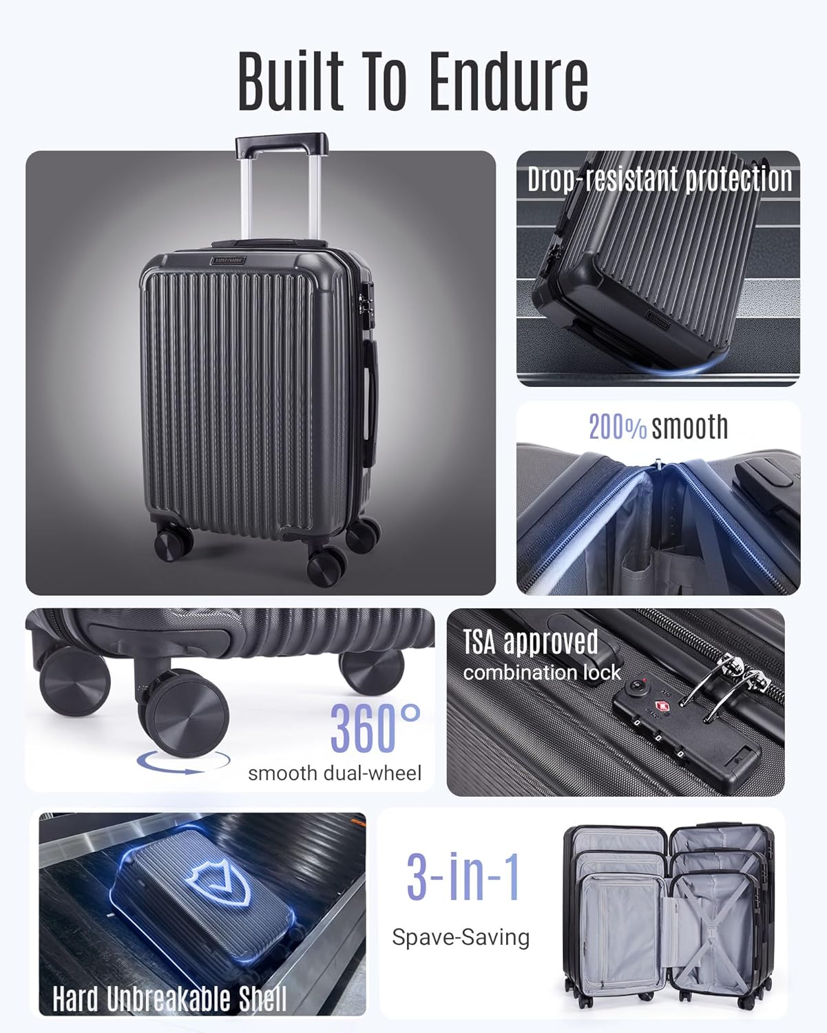 LIGHT FLIGHT Luggage Sets, Durable Hard Shell 3 Piece Set Suitcase with Spinner Wheels, Hardside Lightweight Luggage set with TSA Lock, Large Travel Luggage Set (20" 24" 28"), Glacier Gray