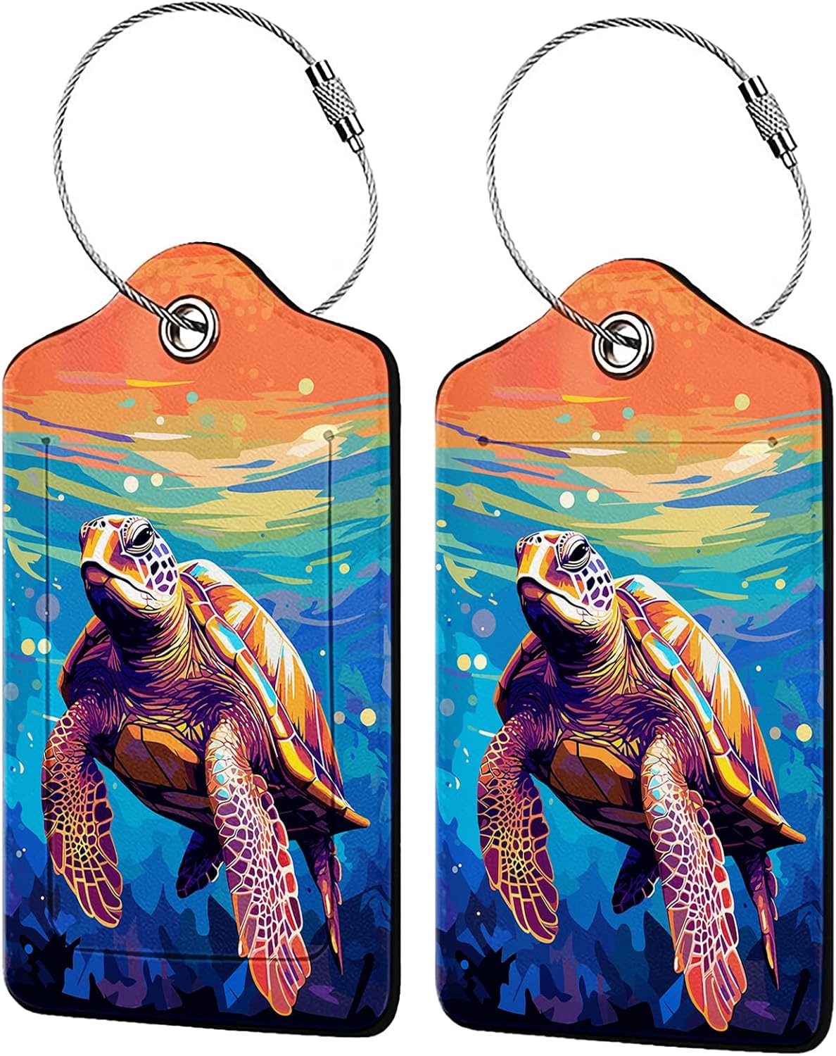 Colorful Wild Sea Turtle Luggage Tag Personalized Luggage Tags for Suitcases,Leather Bag Tags for Backpacks Handbag with Name ID Label Travel Essentials Baggage Tags 2 Pack