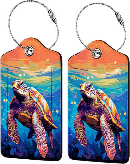 Colorful Wild Sea Turtle Luggage Tag Personalized Luggage Tags for Suitcases,Leather Bag Tags for Backpacks Handbag with Name ID Label Travel Essentials Baggage Tags 2 Pack