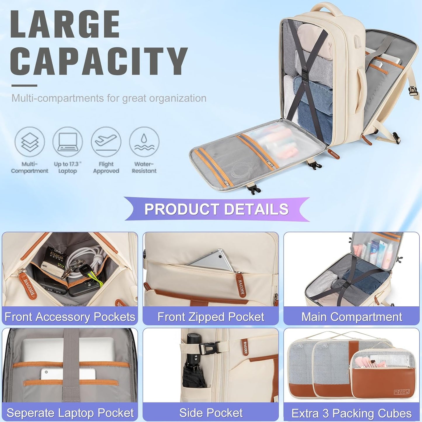 42L Travel Laptop Backpack, Expandable Carry-on Luggage, Anti-Theft Business Weekender Bag with USB Port, 3 Packing Cubes & Shoe Bag (Beige)
