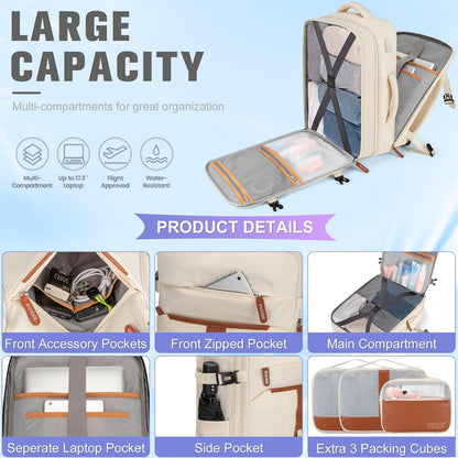 42L Travel Laptop Backpack, Expandable Carry-on Luggage, Anti-Theft Business Weekender Bag with USB Port, 3 Packing Cubes & Shoe Bag (Beige)