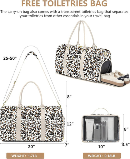 Women Duffle Weekender Travel Bag: Large Duffel Bags with Shoe Compartment Carry On Overnight Tote Bag with Wet Pocket Toiletry Bag Traveling Weekend Gym Yoga Hospital Bags for Womens Leopard